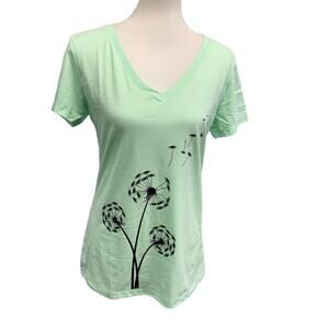 New Hand Printed Dandelion Womens Medium Cotton Blend Short Sleeve VNeck Tee